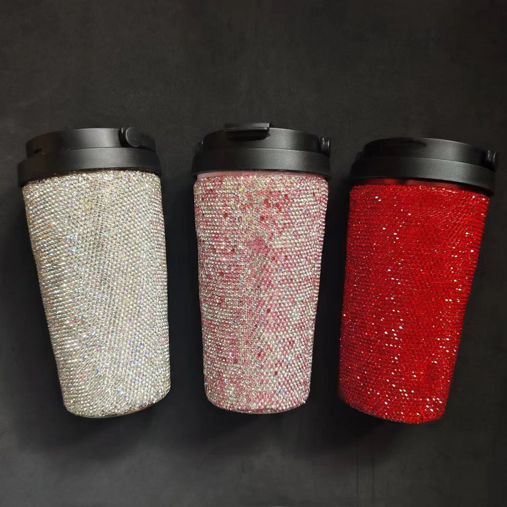 Diamond inlaid vacuum stainless steel coffee cup creative handle insulated cup vacuum portable car cup