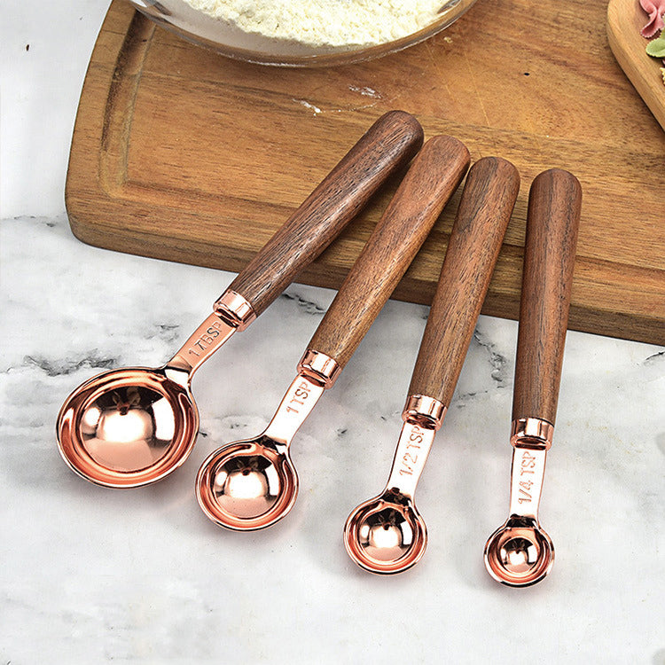 Walnut Handle Copper-Plated Measuring Cup Measuring Spoon Set Kitchen Baking Tools Bartender Measuring Spoon Set