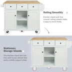 Kitchen trolley with rubber wood leaf countertop, 5-wheel kitchen island, storage cabinet and 3 dining drawers, white