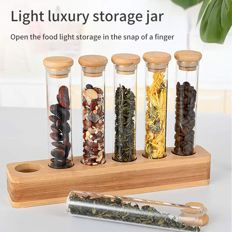 Vertical Multi-functional Sealed Tank Bar Decoration Coffee Bean Display Rack Wooden Frame Bamboo Tray Storage Glass Storage Box