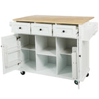 Kitchen trolley with rubber wood leaf countertop, 5-wheel kitchen island, storage cabinet and 3 dining drawers, white