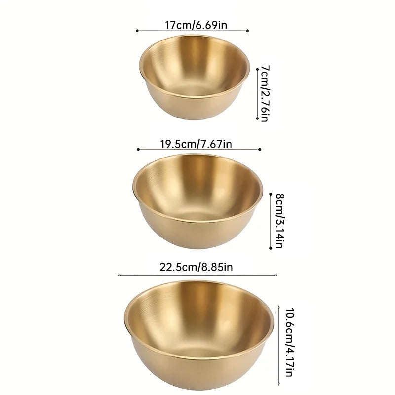 Golden mixing bowls for cooking, baking, noodles, and salads.