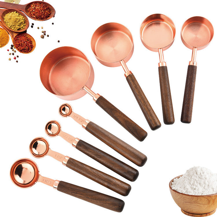 Walnut Handle Copper-Plated Measuring Cup Measuring Spoon Set Kitchen Baking Tools Bartender Measuring Spoon Set